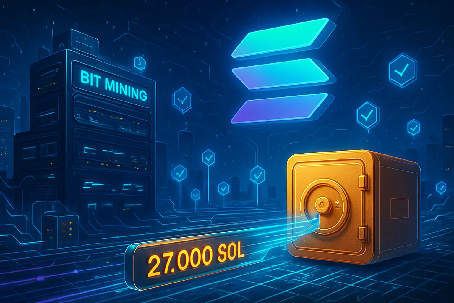 Digital graphic with Solana and Bitcoin icons, showing the text 'BIT Mining joins Solana ecosystem with 27,000 SOL purchase and validator launch,' featuring neon visuals and futuristic design elements.