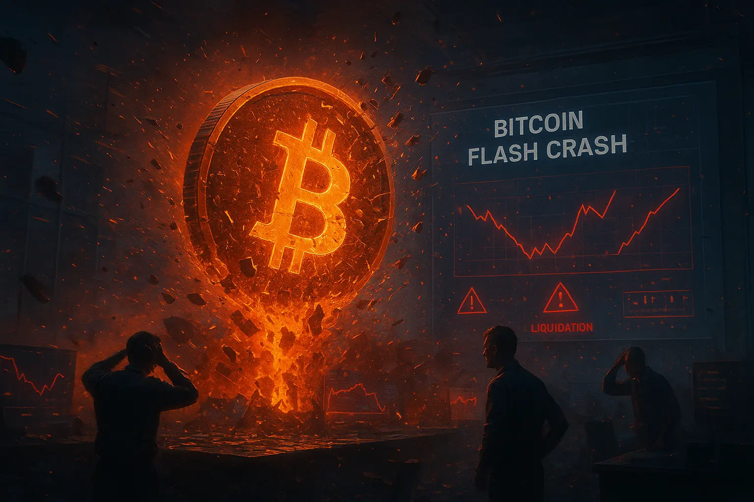Visual representation of Bitcoin's flash crash from $123,000 to $107,000 with liquidation cascade indicators