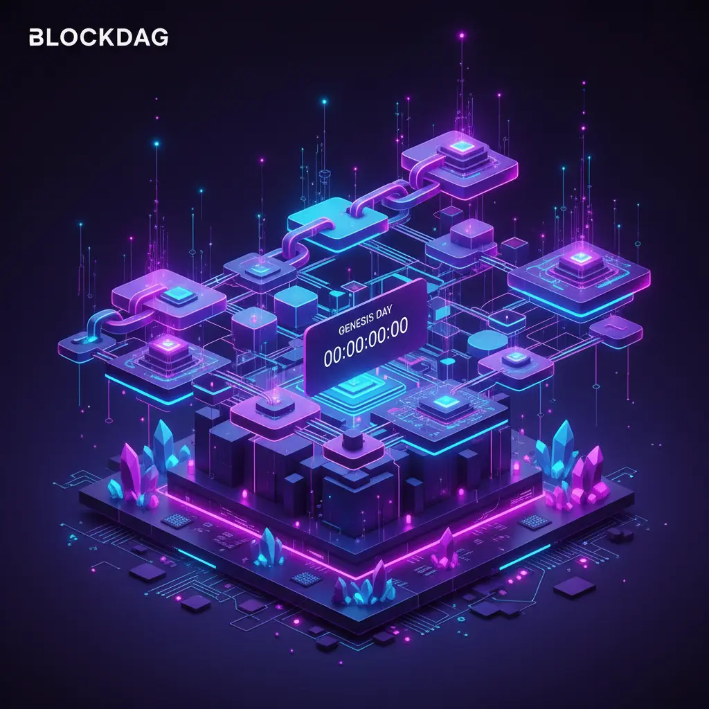 BlockDAG Genesis Day countdown visualization with network architecture and transaction speed indicators