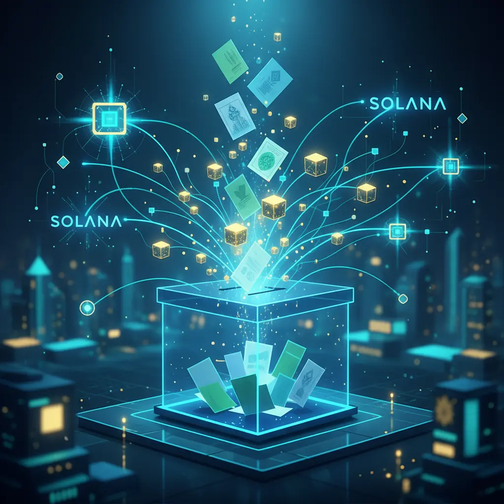 Digital illustration representing physical ballots connecting to the Solana blockchain network