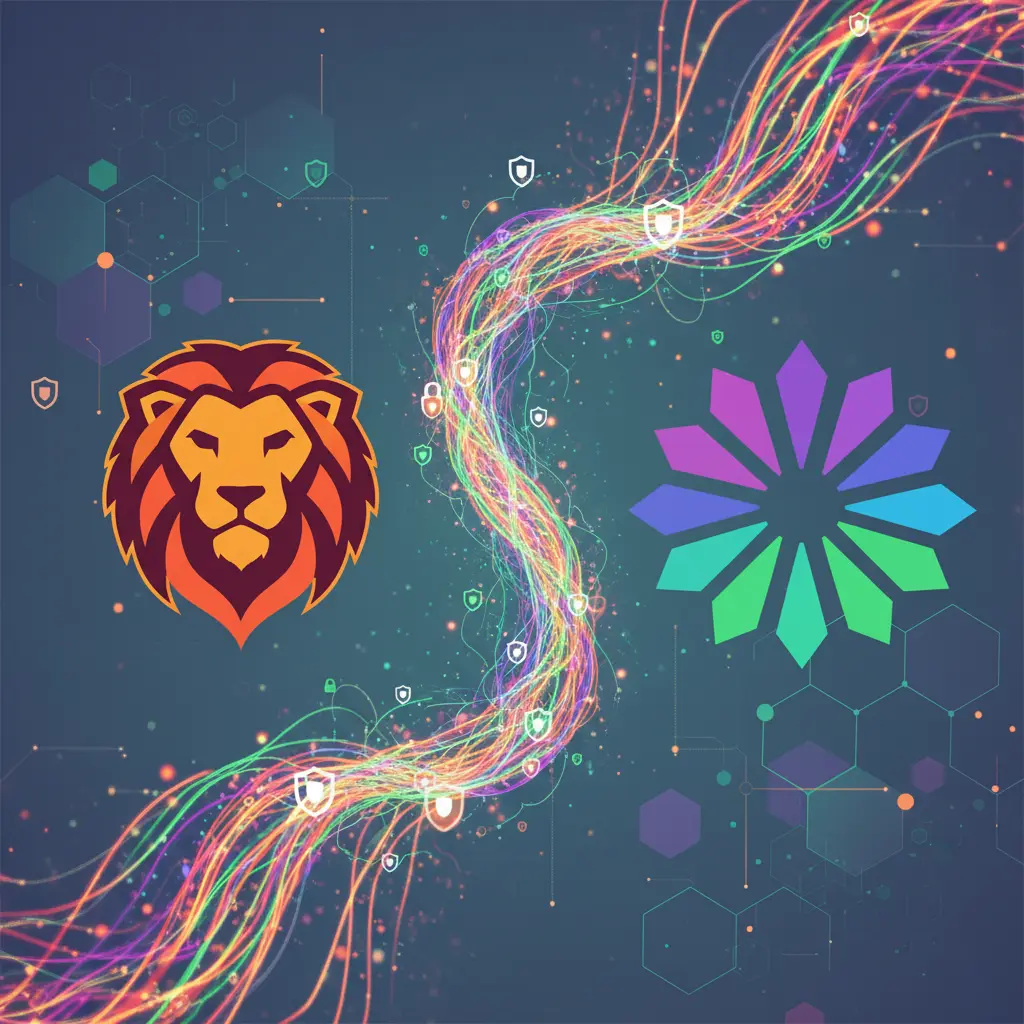 Abstract visualization of the Brave and Solana logos connected by a secure, private data stream.
