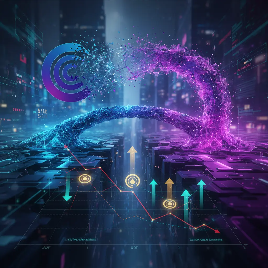 Coinbase stock chart overlaying abstract blockchain bridge visualization