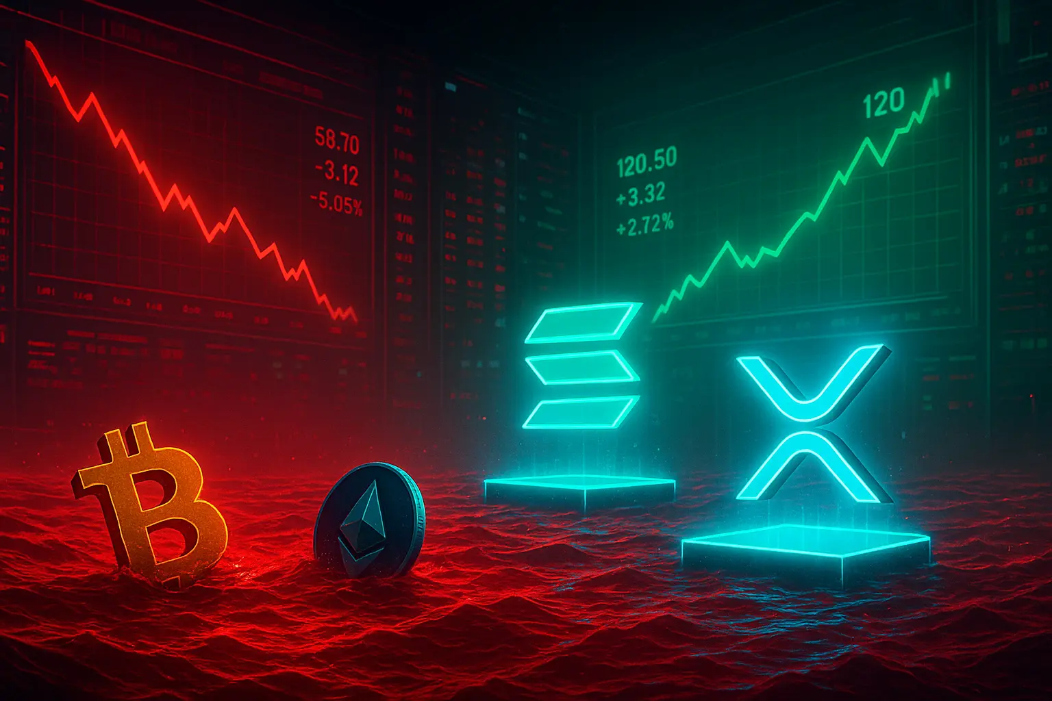 Cryptocurrency market decline visualization showing digital assets under selling pressure