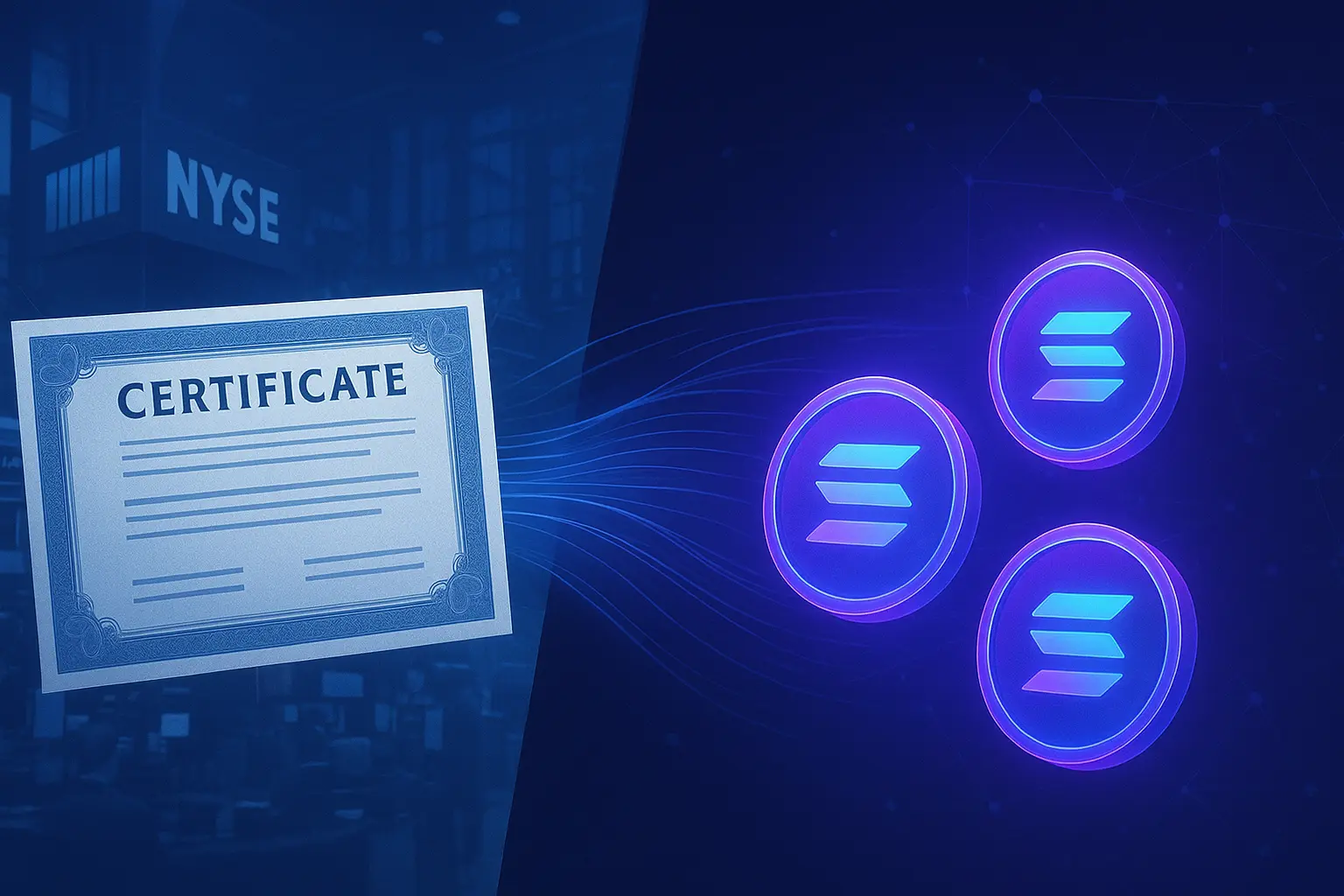 Visual representation of traditional stock certificates transforming into blockchain tokens on Solana network