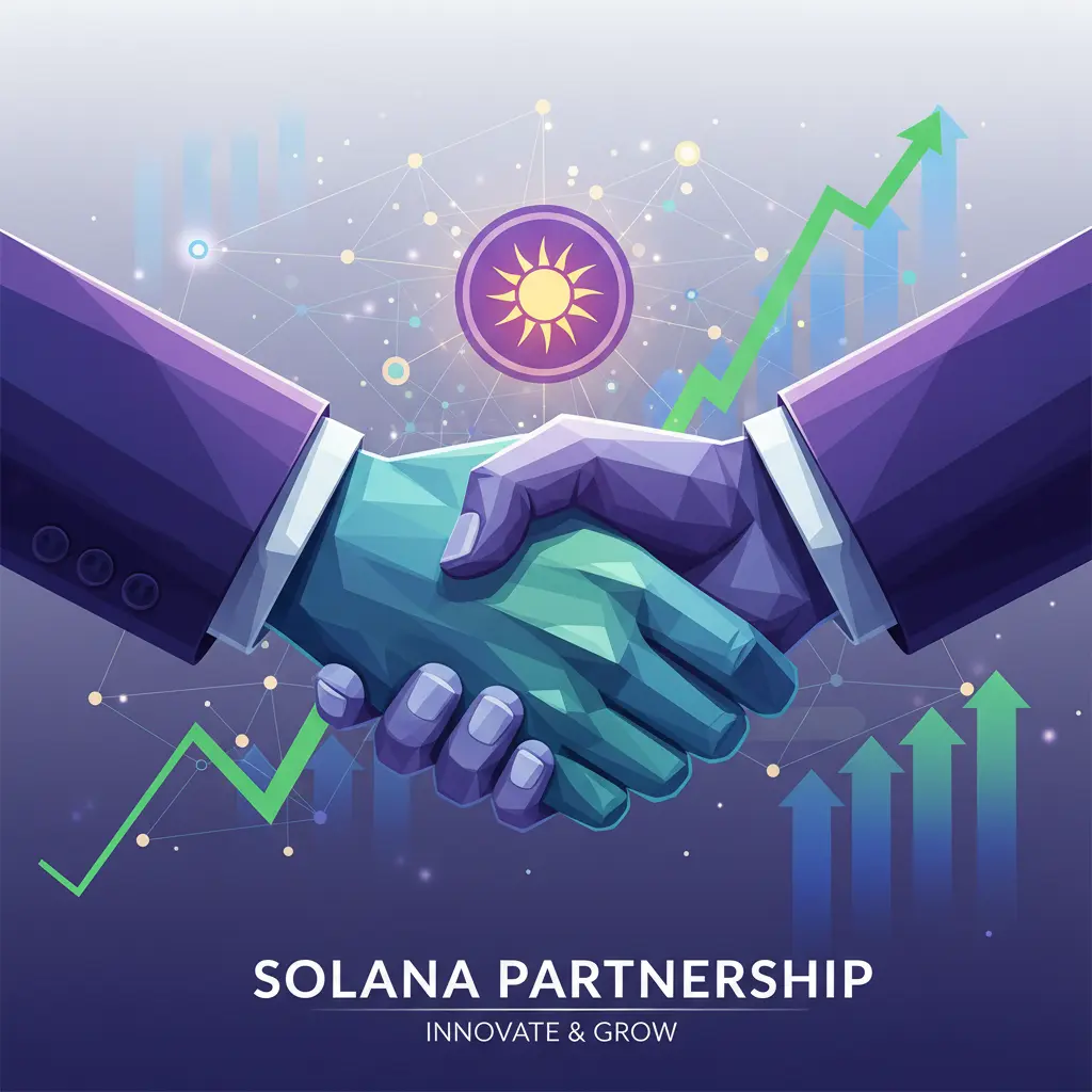 Professional illustration of a corporate partnership with Solana blockchain elements