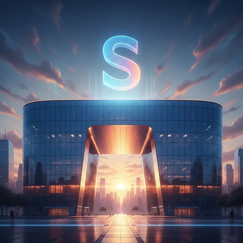 Digital illustration of Franklin Templeton building with Solana logo