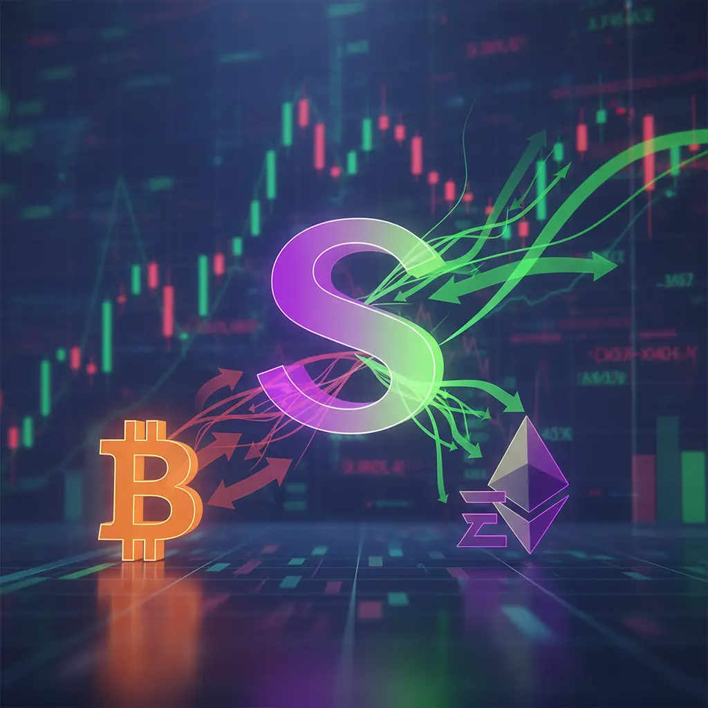 Abstract visualization of investment funds flowing away from Bitcoin and Ethereum towards Solana.