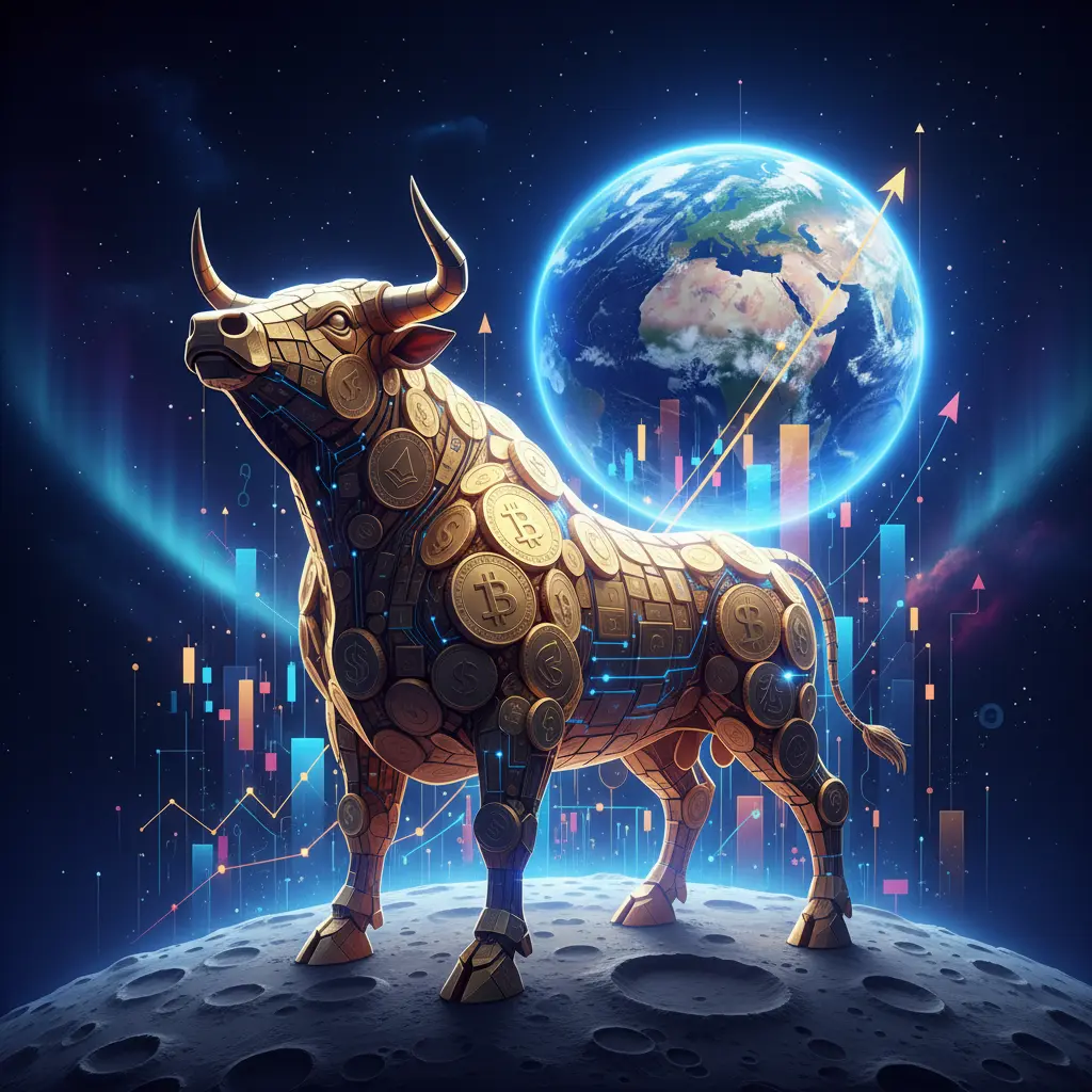 Artistic representation of a golden bull, symbolizing MoonBull crypto, surging towards the moon with financial charts in the background.
