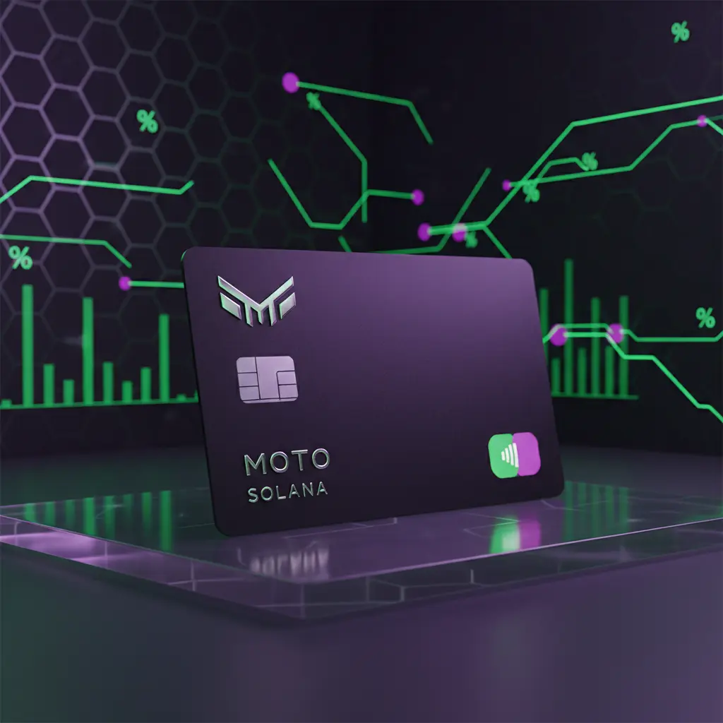 Moto Visa Infinite credit card on Solana blockchain concept art