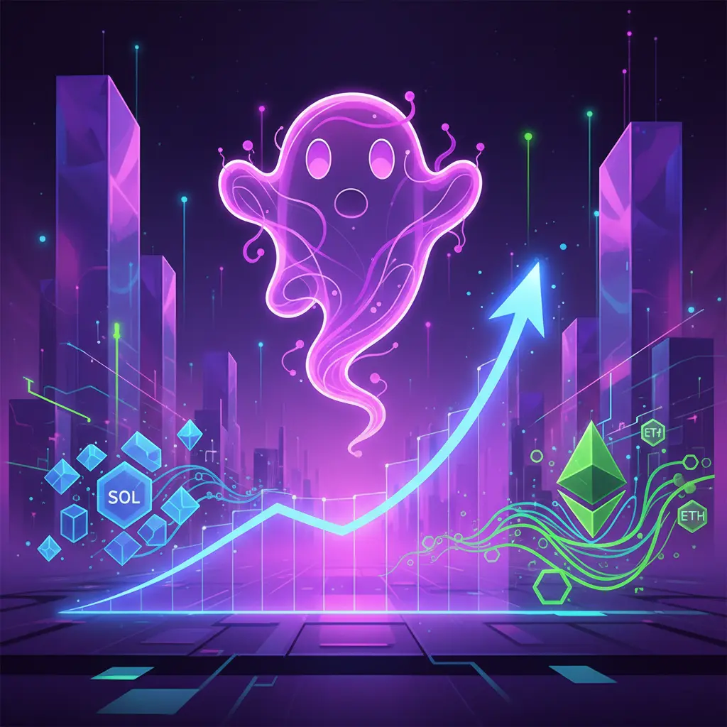 Stylized representation of the Phantom Wallet logo ascending on a futuristic growth chart with Solana network symbols in the background.