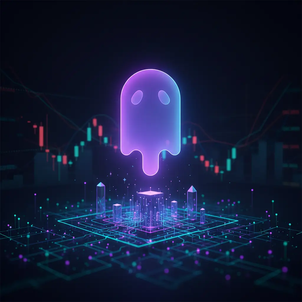 Digital illustration of Phantom wallet interface concept connected to Solana blockchain nodes