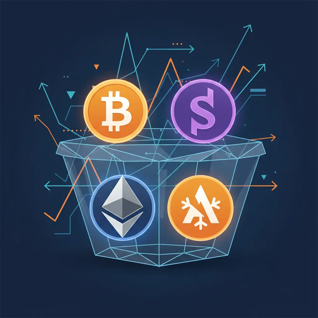 Digital illustration representing a crypto portfolio with Bitcoin, Solana, Ethereum and Avalanche symbols against a market chart