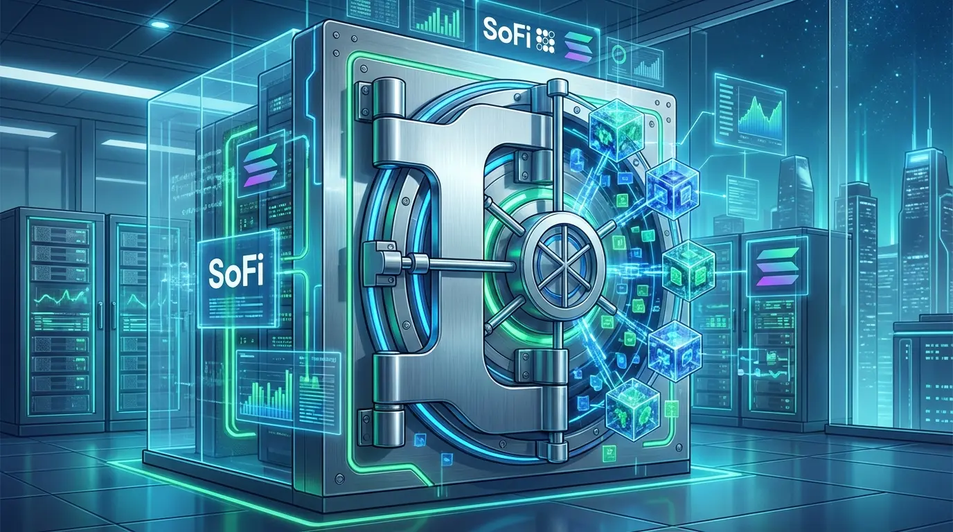Visual representation of SoFi enterprise banking platform integrating with the Solana blockchain network for global finance