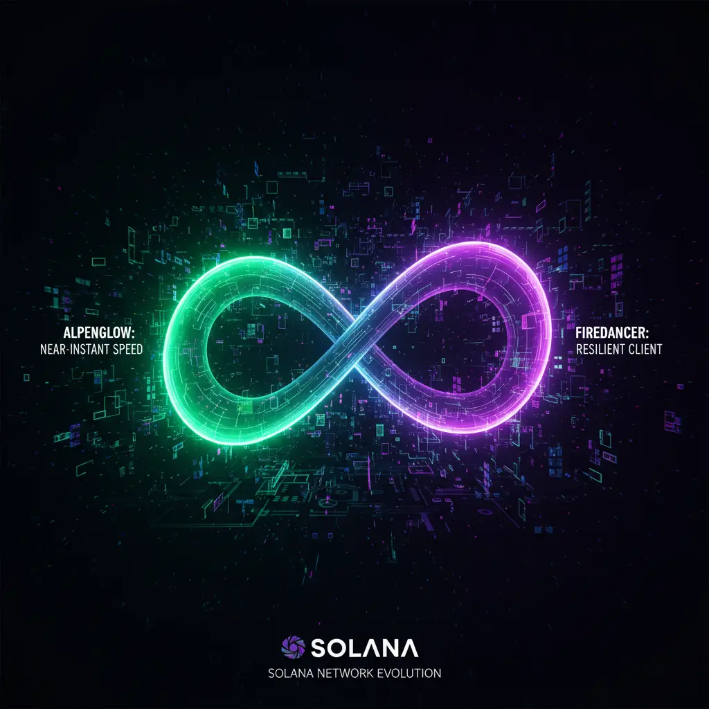 Conceptual art representing the dual Alpenglow and Firedancer upgrades enhancing the Solana network with streams of light.