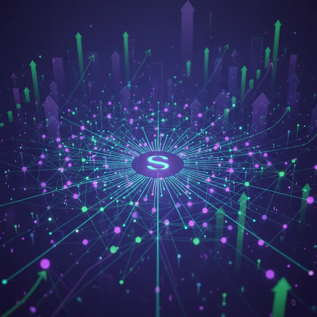 Abstract visualization of the Solana network expanding with more validator nodes after the Alpenglow upgrade