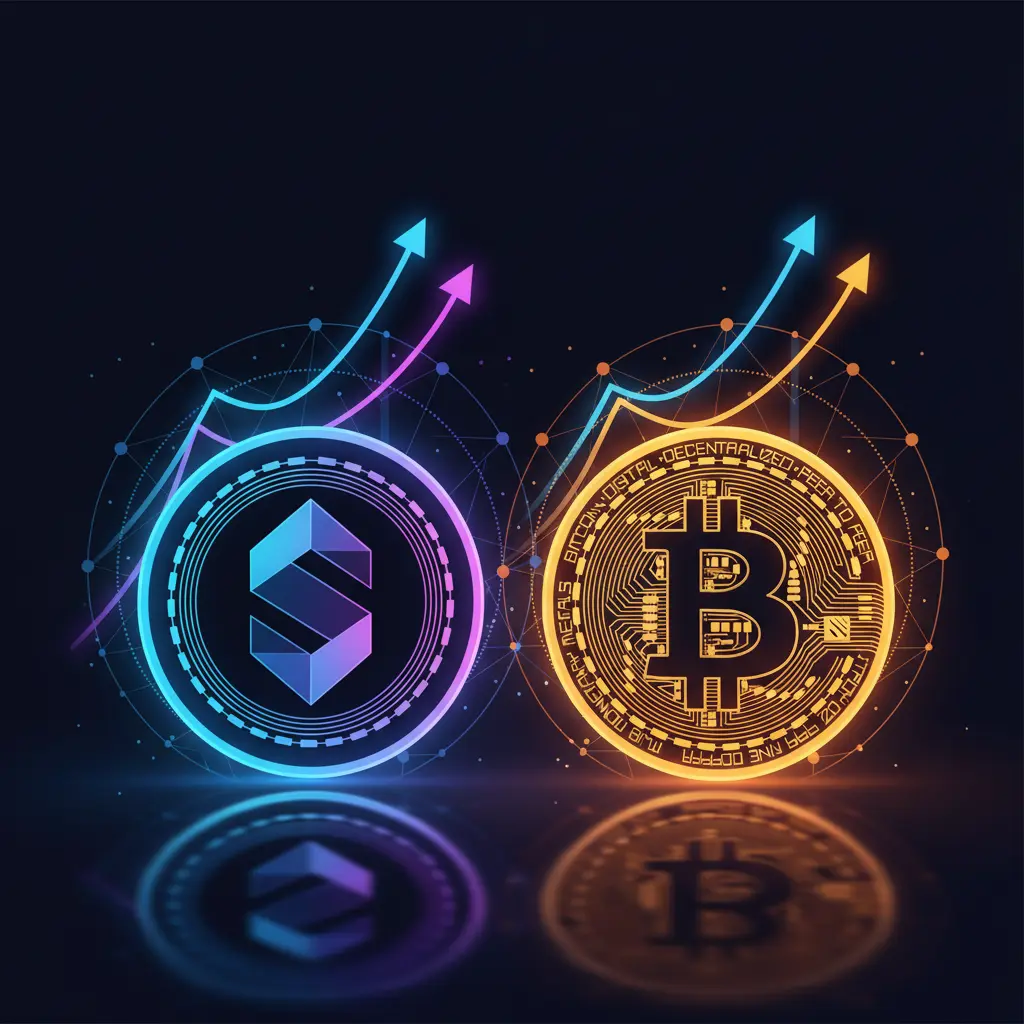 Conceptual art showing Solana and Bitcoin coins with interconnected, upward-trending charts.