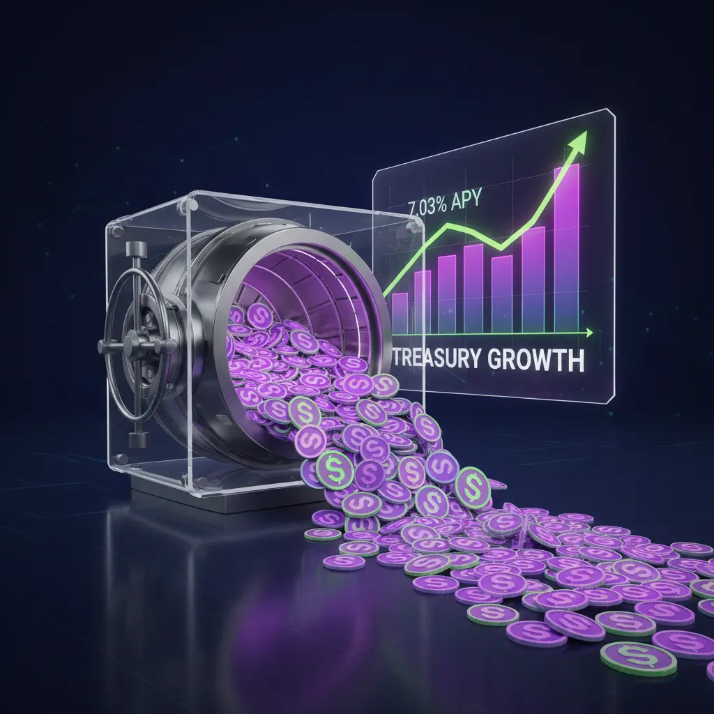 Digital illustration showing Solana coins in a secure vault with a growth chart in the background, symbolizing treasury growth and staking yield.