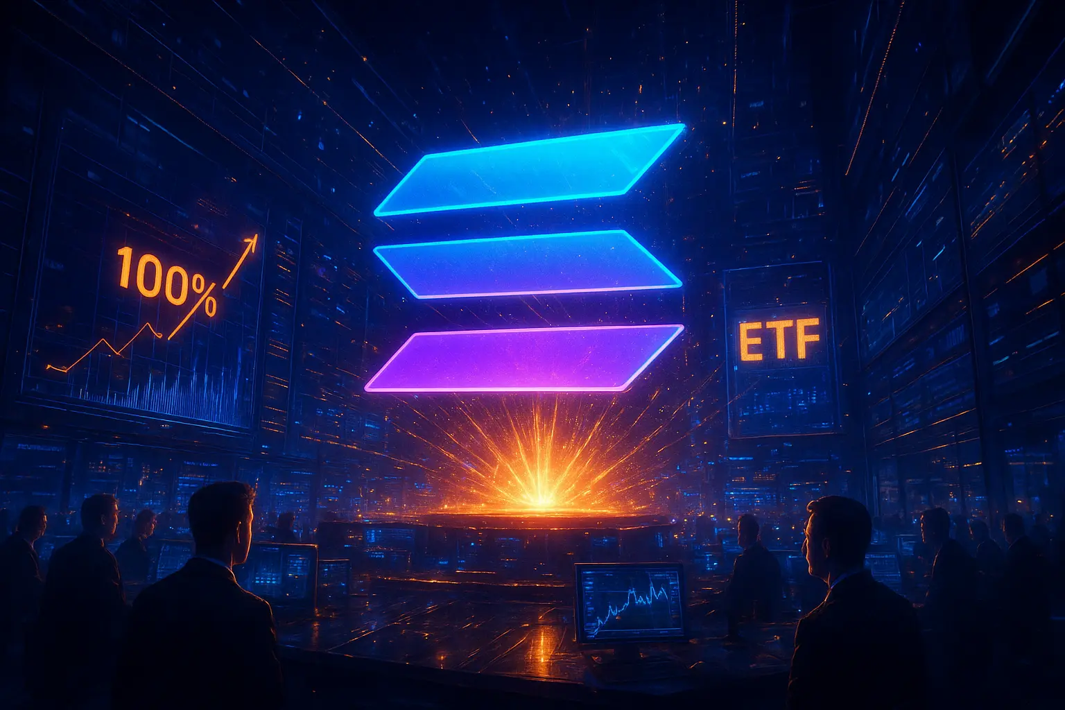 Solana ETF approval visualization with price charts and institutional investment indicators