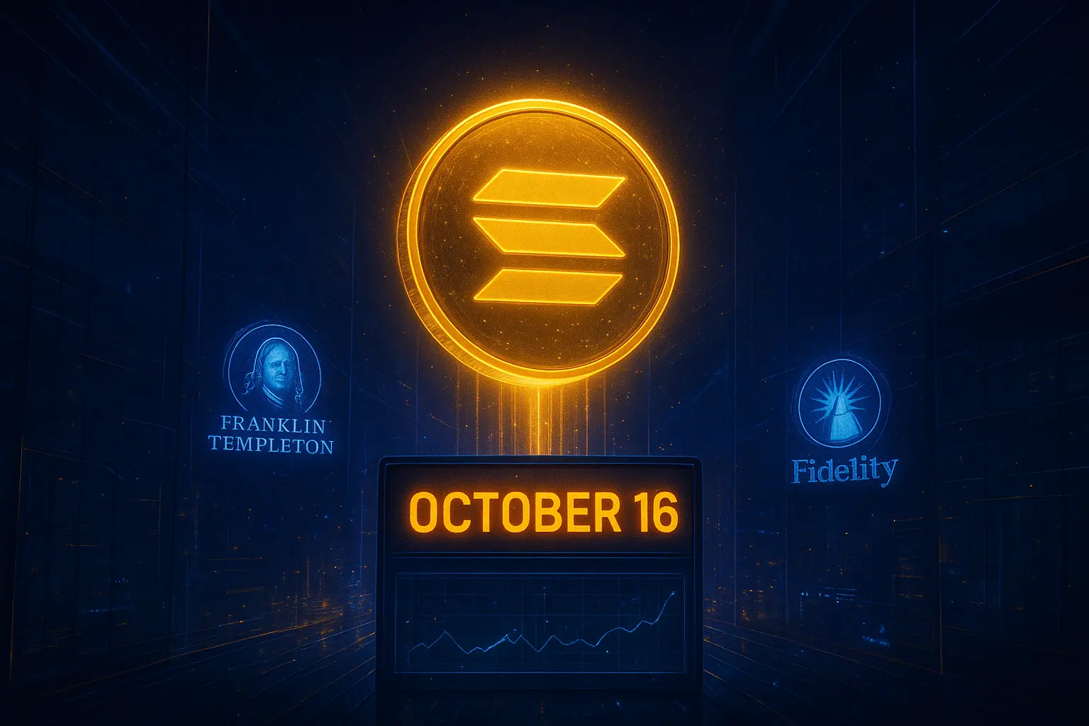 Calendar visualization highlighting October 16 SEC deadline for Solana ETF decisions with institutional logos