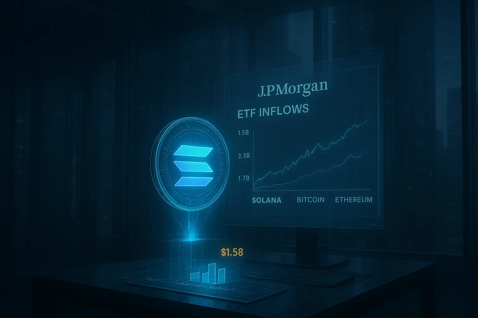 Comparative analysis visualization showing projected Solana ETF inflows against Bitcoin and Ethereum ETF performance benchmarks