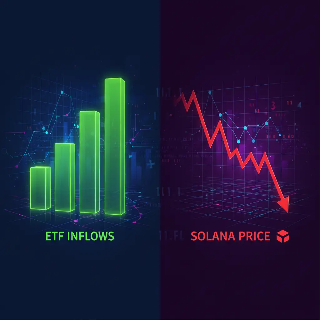 Chart visualization showing rising Solana ETF inflows contrasted against a falling price line