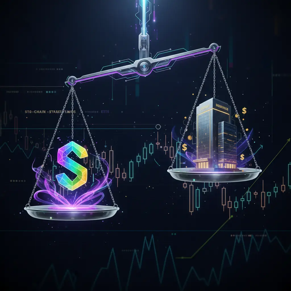Conceptual illustration of Solana ETFs balancing on a scale, representing the trade-off between staking rewards and centralization risk.