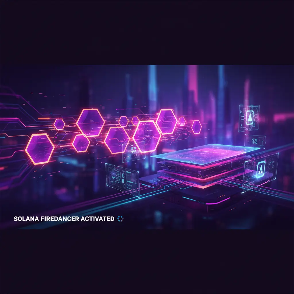 Abstract digital representation of Solana Firedancer architecture with high-speed data tiles