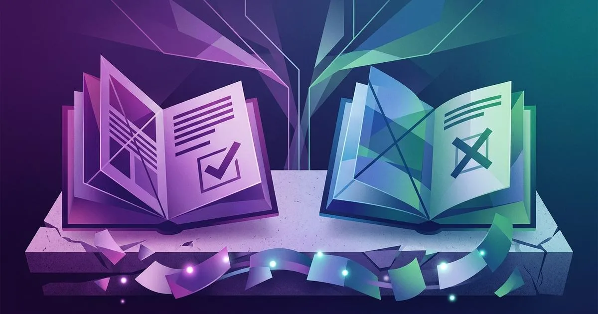 Abstract visualization of two contradictory rulebooks producing opposite verdicts on the same governance vote