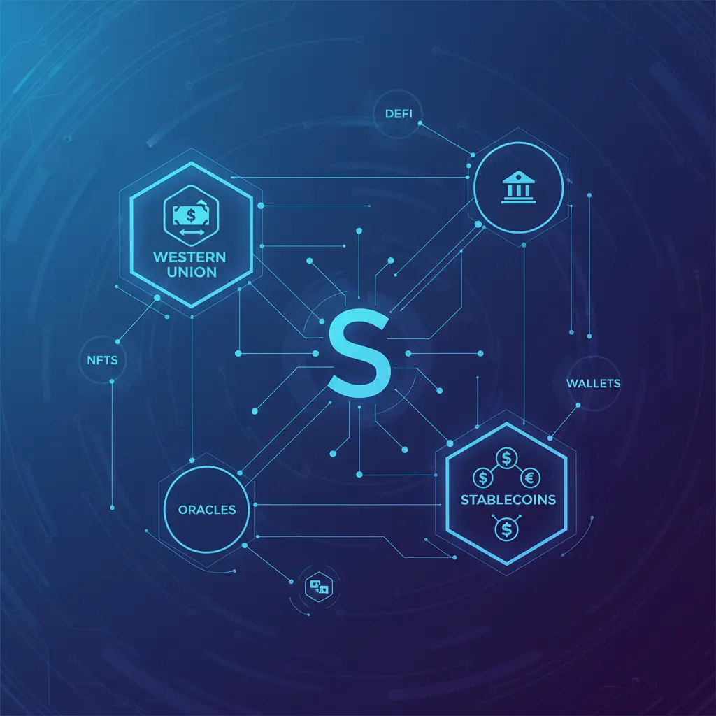 Digital map illustrating the Solana ecosystem connecting traditional finance institutions like Western Union and Franklin Templeton with blockchain protocols