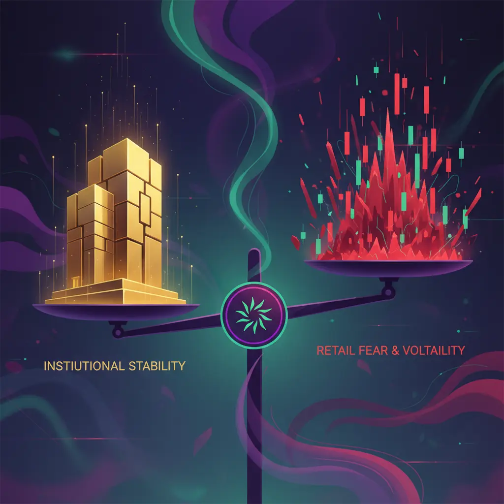 Conceptual image showing a stable institutional building balanced against a volatile retail trading chart, representing the Solana market paradox.