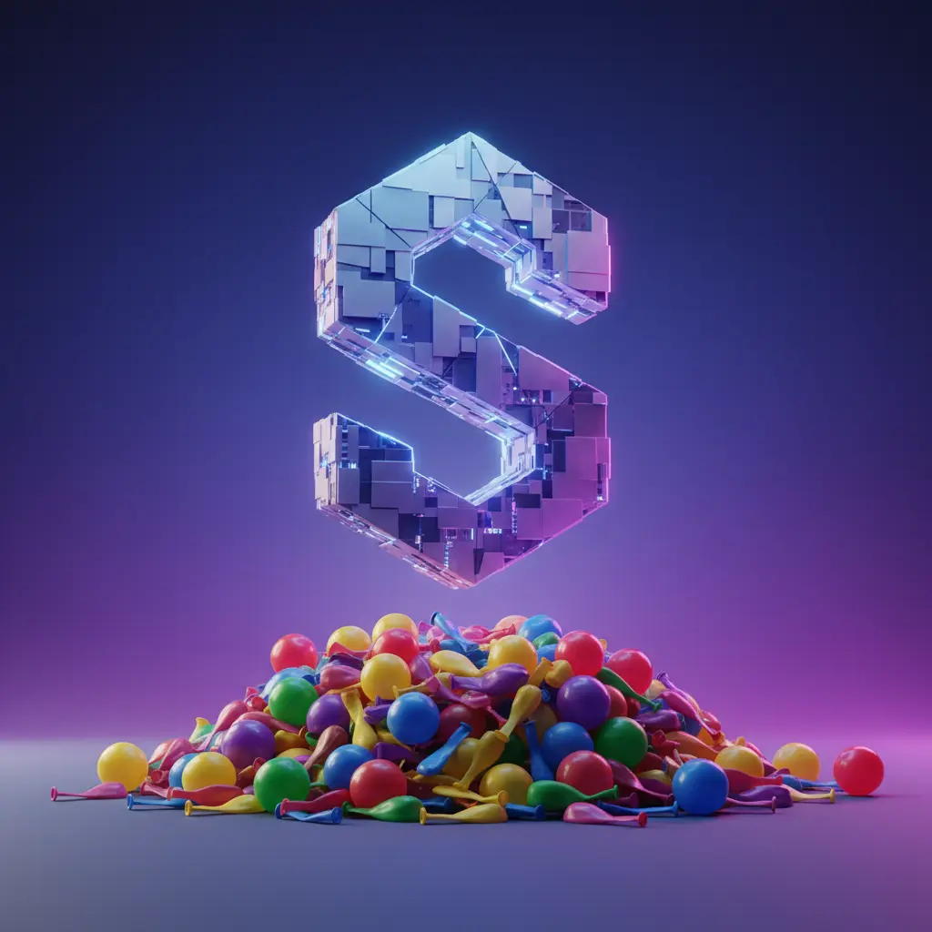 3D illustration contrasting a fading pile of colorful meme tokens against a rising, glowing Solana architectural structure