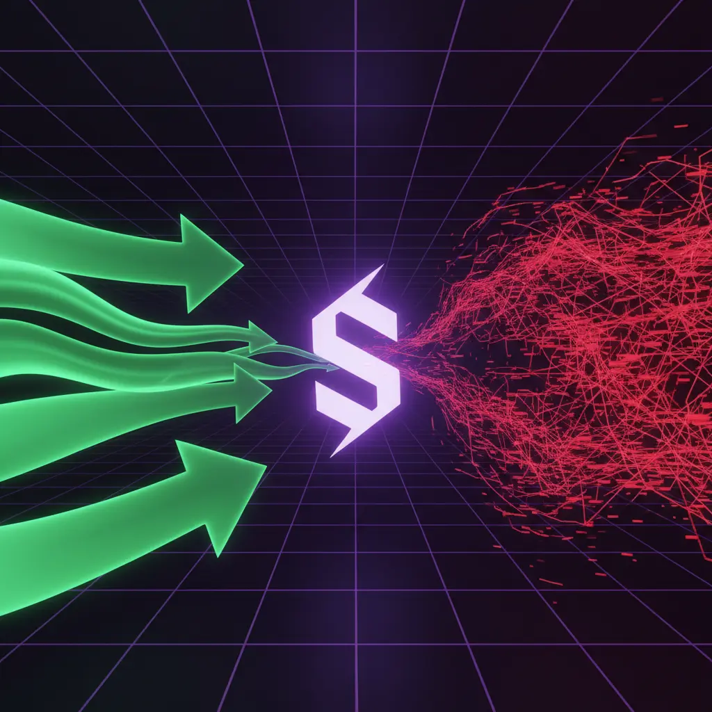 Abstract visualization of Solana's bullish outflow metrics contrasted with network congestion issues