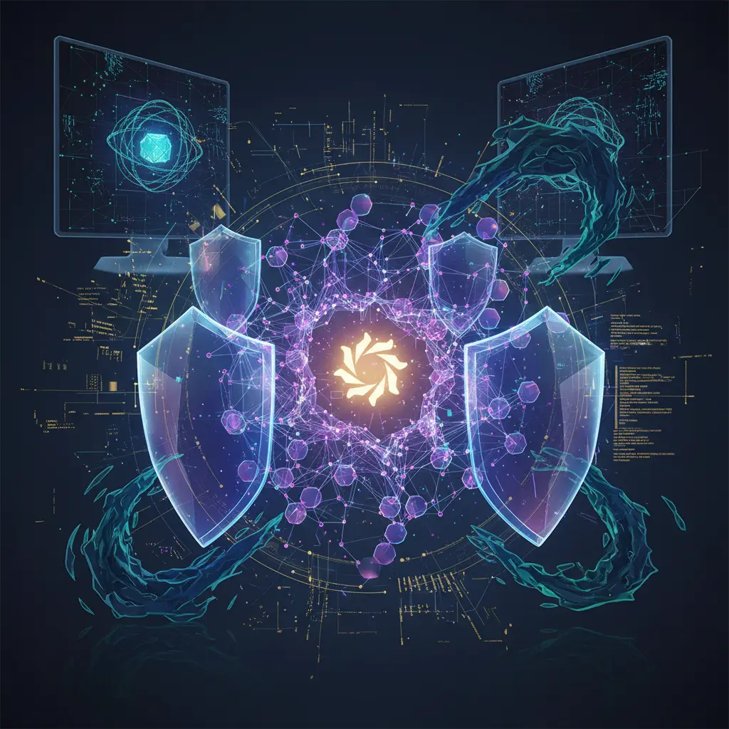 A visual representation of the Solana blockchain being protected by a quantum-safe cryptographic shield
