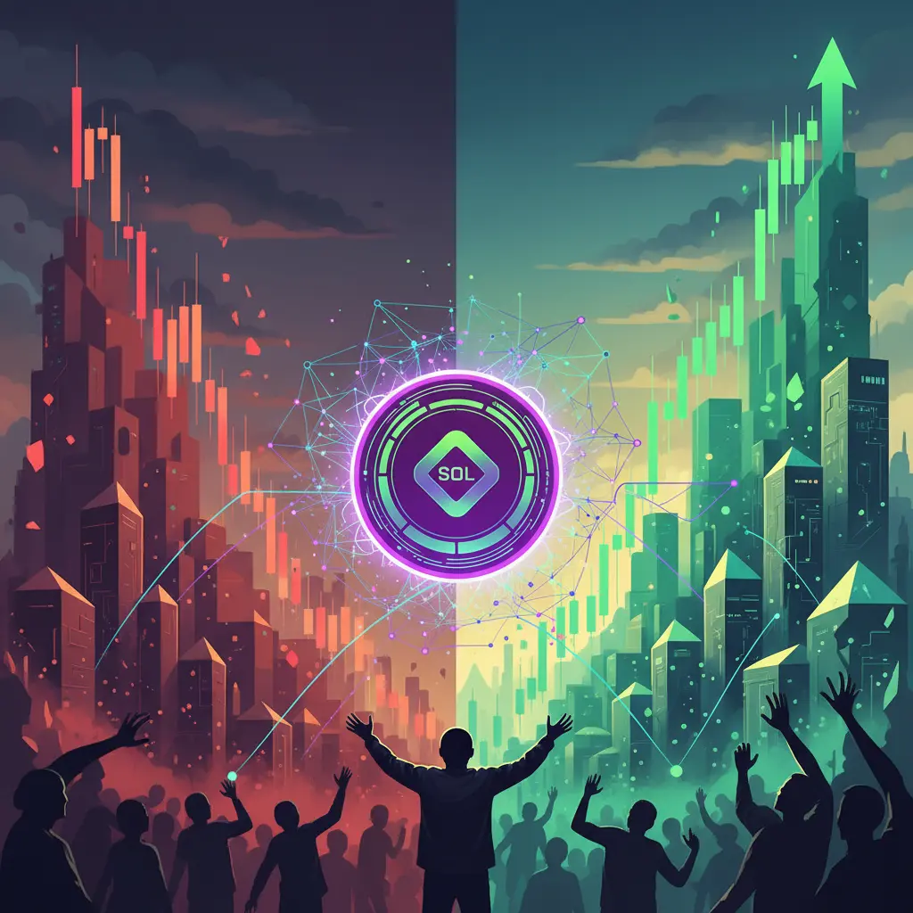 Visual representation of the Solana paradox, with a falling price chart on one side and institutional growth on the other.