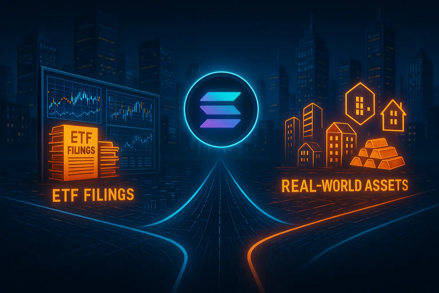 Solana blockchain network visualization showing ETF applications and real-world asset tokenization growth charts