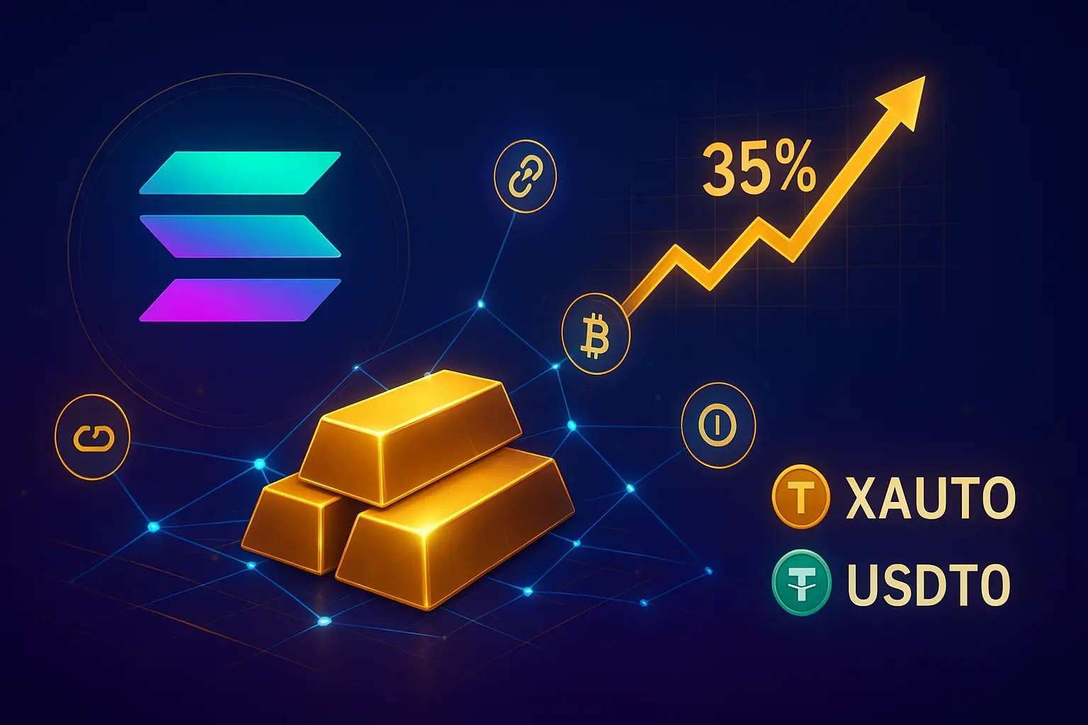 Visual representation of Solana's real-world asset growth with tokenized gold XAUT0 integration and cross-chain liquidity mesh