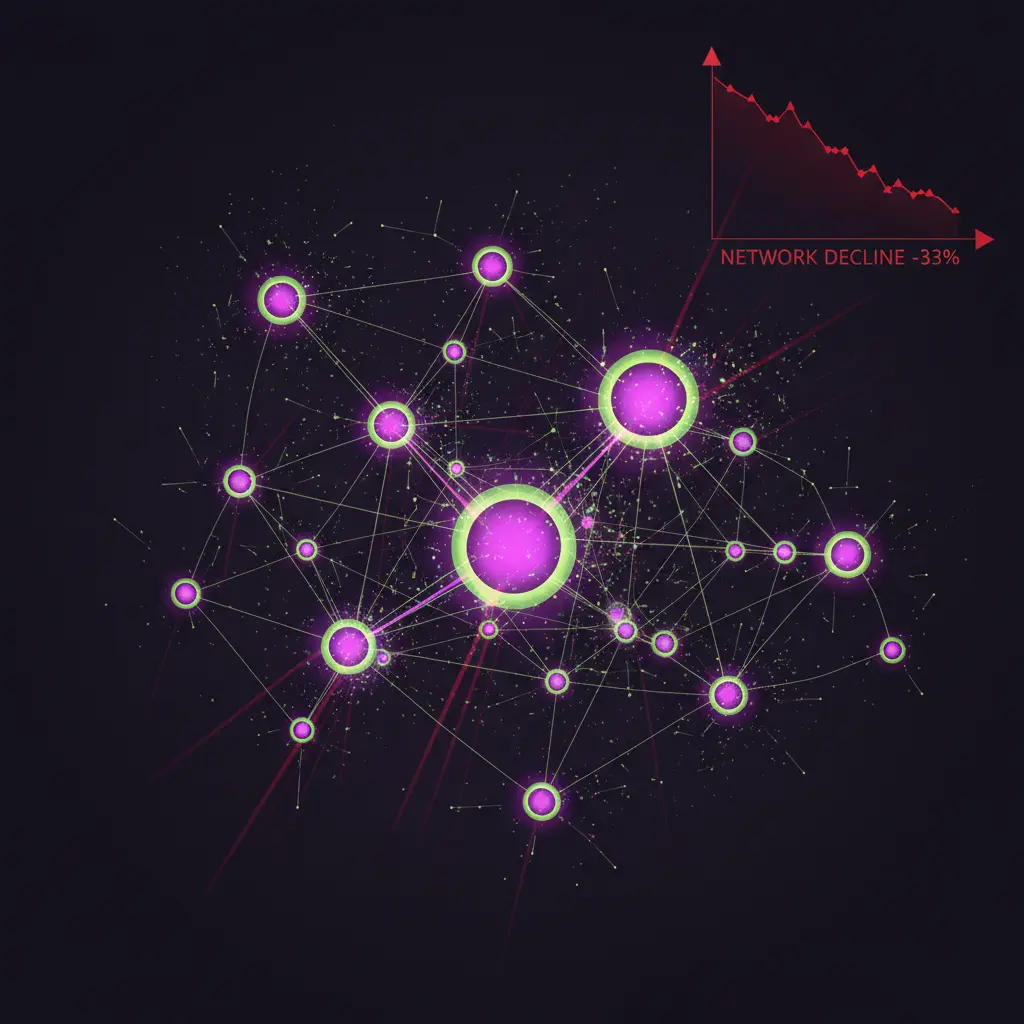 Abstract visualization of Solana's shrinking validator network with fading nodes