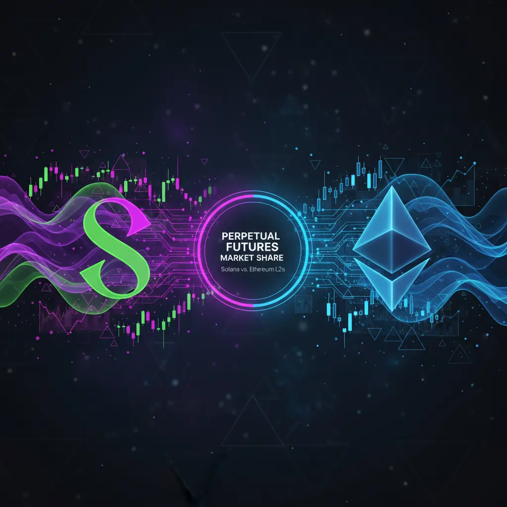 An abstract visualization showing Solana competing with Ethereum Layer 2 networks like Arbitrum and Base for dominance in the perpetual futures market.