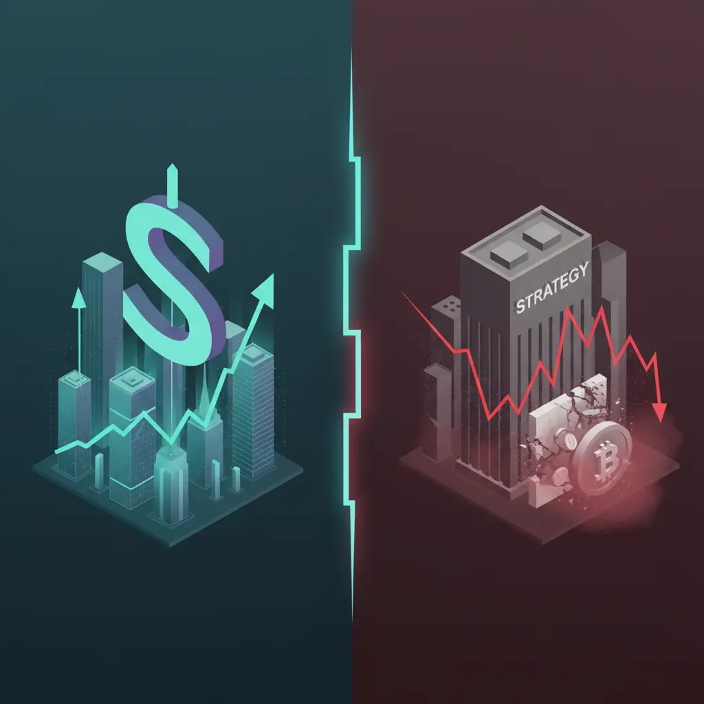 Chart comparing Solana price rise against Strategy stock decline and premium collapse