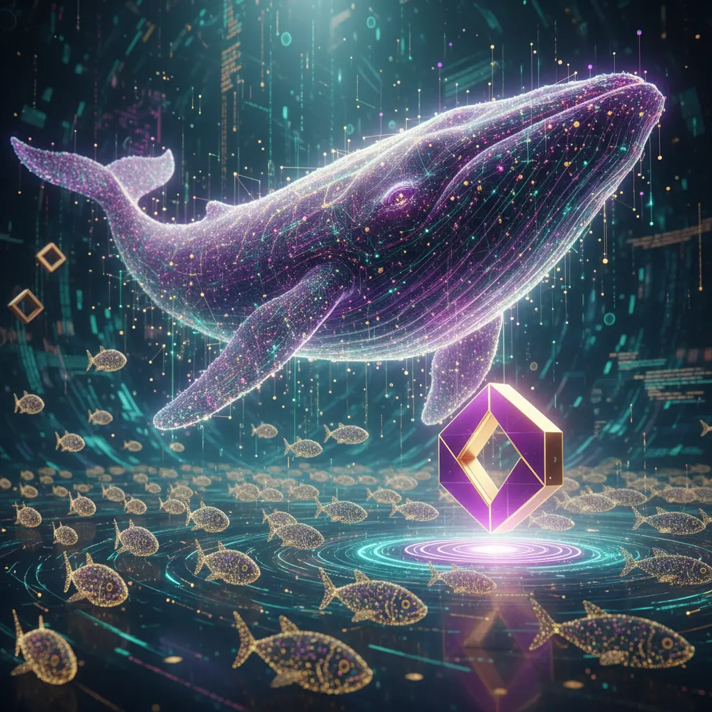 A digital whale made of data points swimming towards a Solana logo, representing institutional investment in crypto payroll solutions.