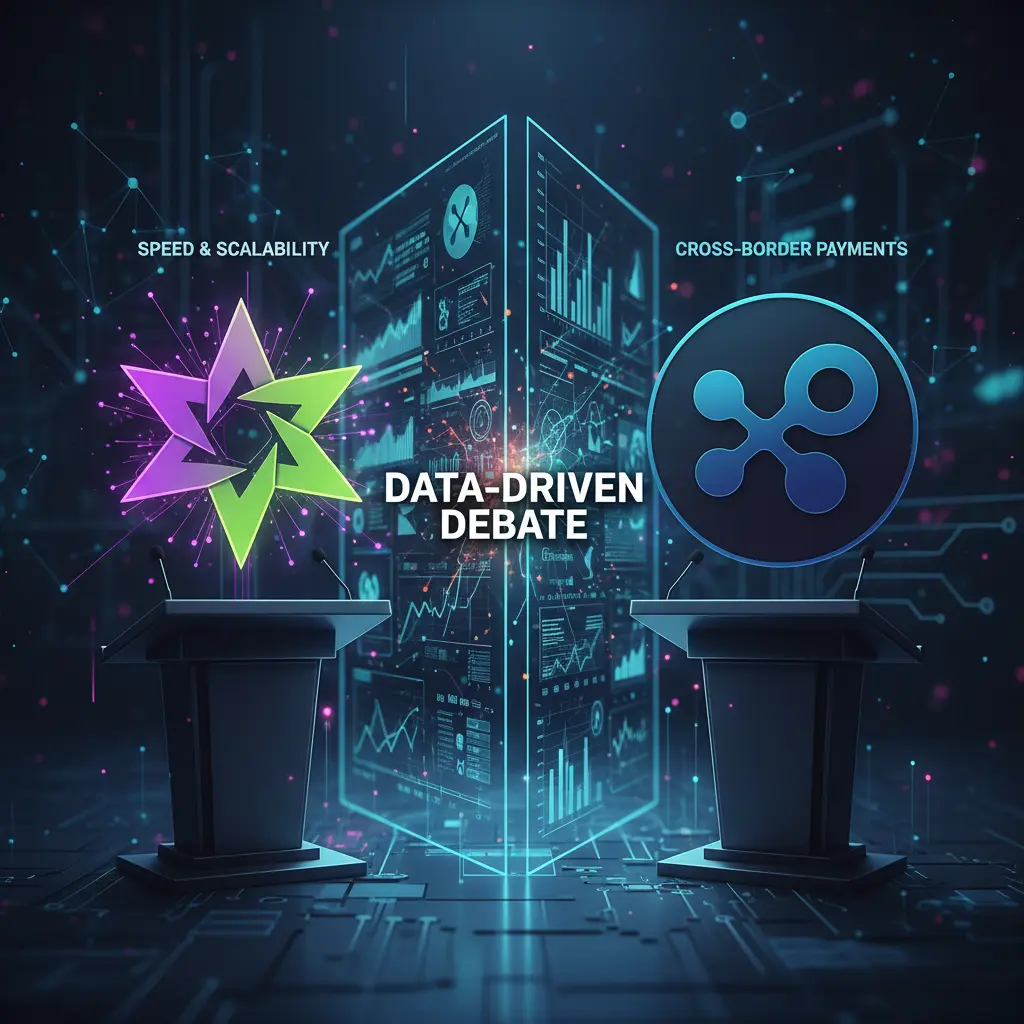Abstract visual representation of Solana and XRP networks with data charts comparing their performance metrics.