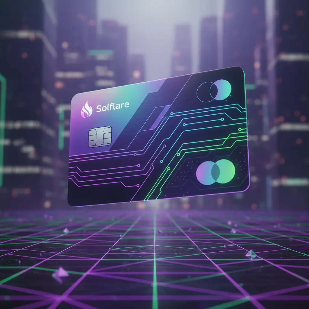 Visualization of the new Solflare Mastercard debit card with Solana branding implications