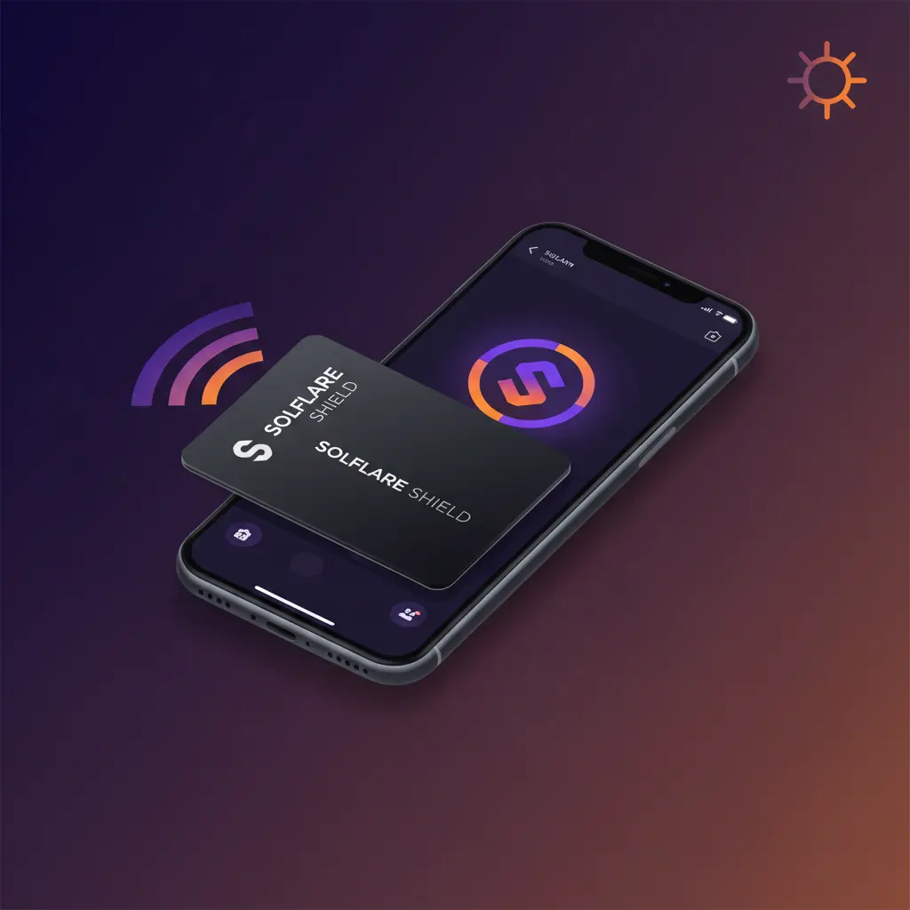 Solflare Shield NFC hardware wallet tapping on a smartphone