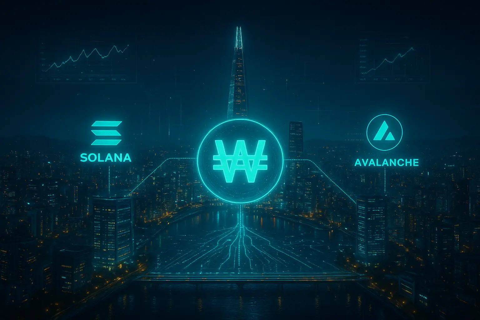 Conceptual visualization of Avalanche and Solana competing for South Korean won stablecoin infrastructure with bank partnerships