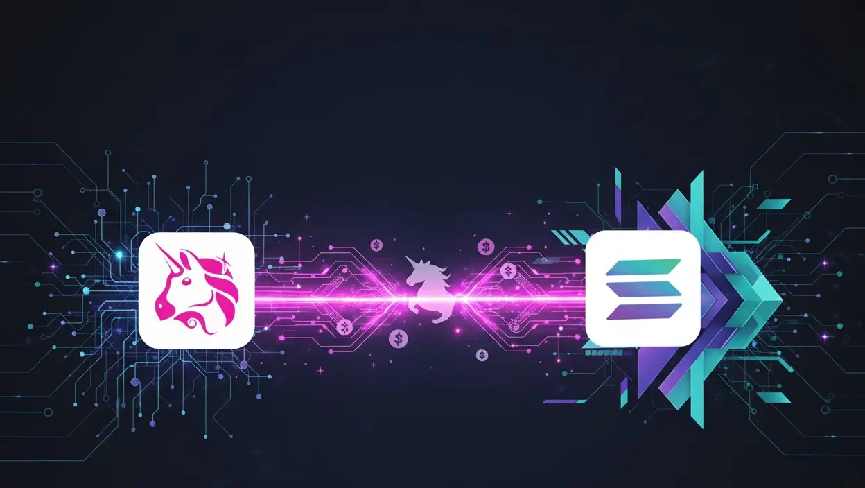 Visual representation of Ethereum and Solana blockchains connecting through Uniswap protocol integration