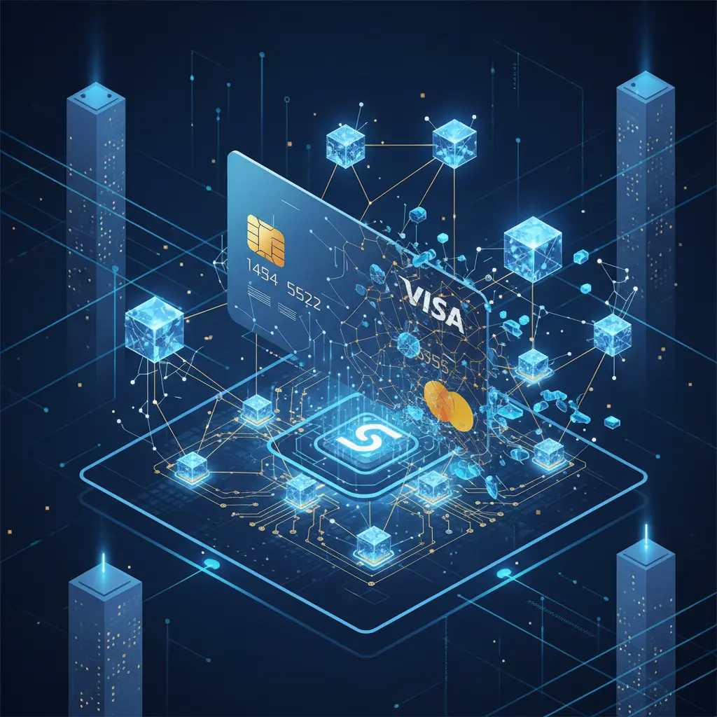 Visualization of Visa payment rails connecting with Solana blockchain nodes