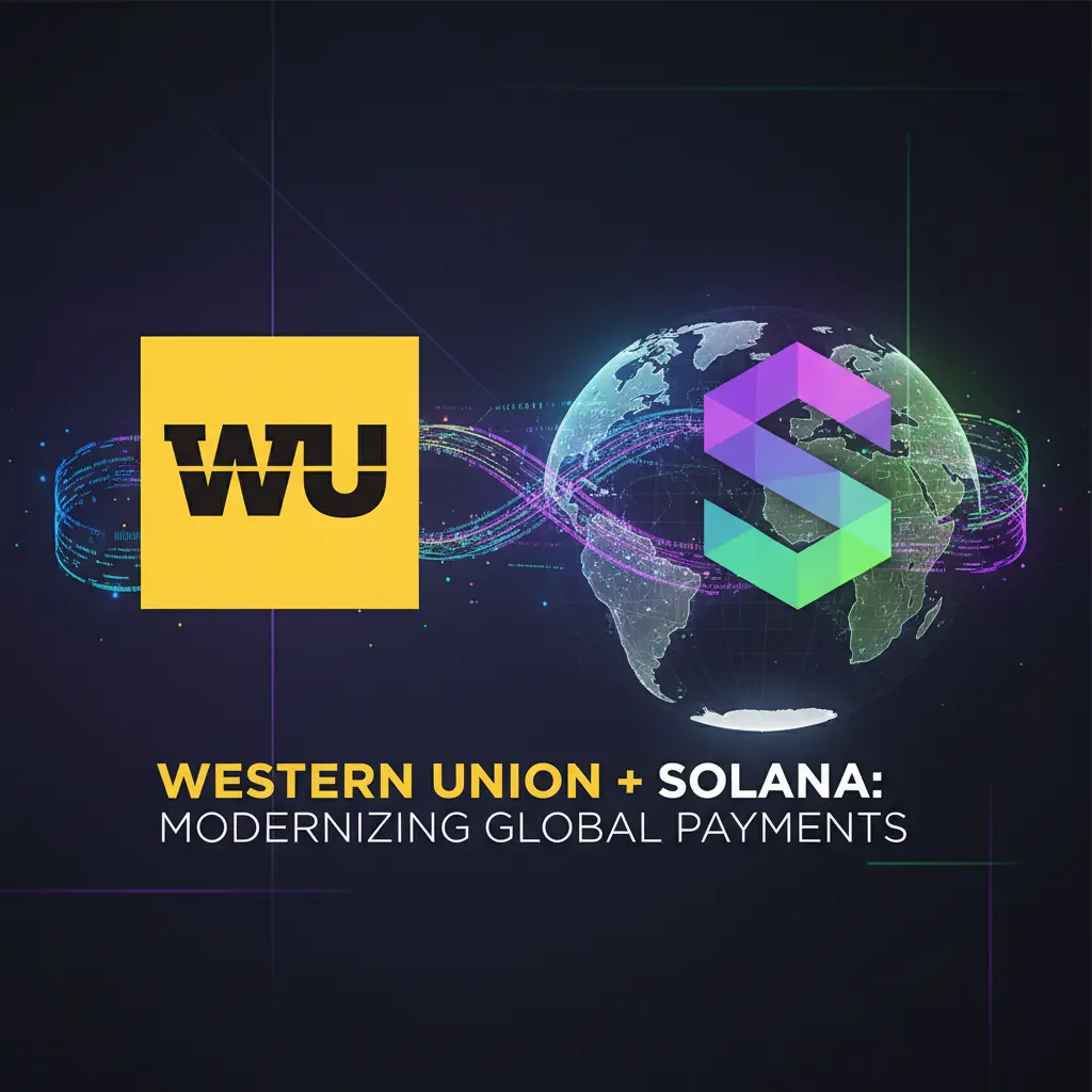 Digital illustration of the Western Union and Solana partnership, symbolizing the fusion of traditional finance with modern blockchain technology.