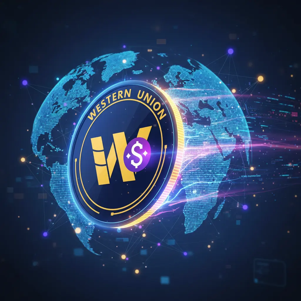 Digital representation of a Western Union branded coin integrated with the Solana logo, symbolizing their new partnership.