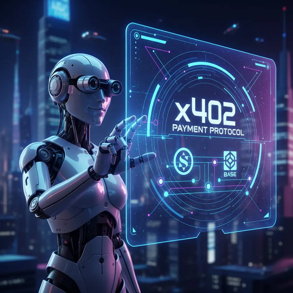 Futuristic visualization of the x402 protocol enabling AI agents to transact on the Solana blockchain network.